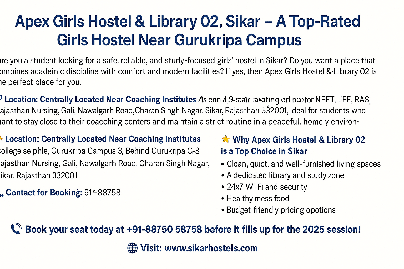 Apex Girls Hostel & Library 02, Sikar – A Top-Rated Girls Hostel Near Gurukripa Campus