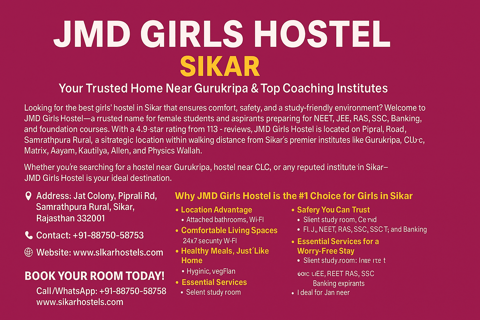 JMD Girls Hostel Sikar – Your Trusted Home Near Gurukripa & Top Coaching Institutes