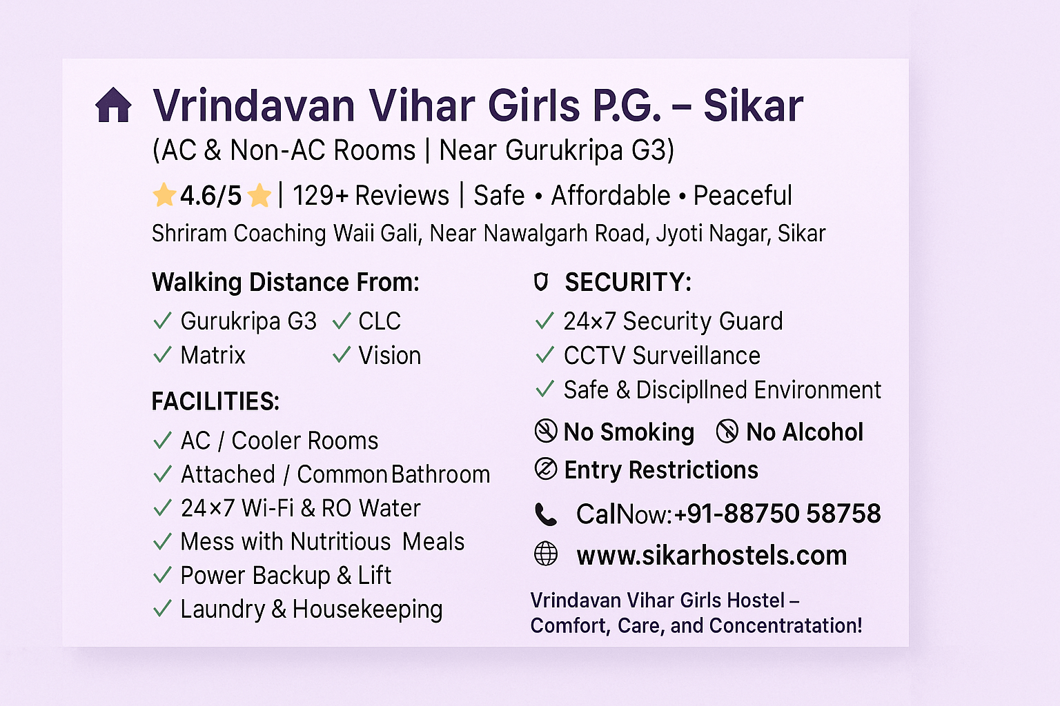 Vrindavan Vihar Girl's P.G Sikar – Best Girls Hostel Near Gurukripa Career Institute, Sikar (AC & Non-AC Rooms)