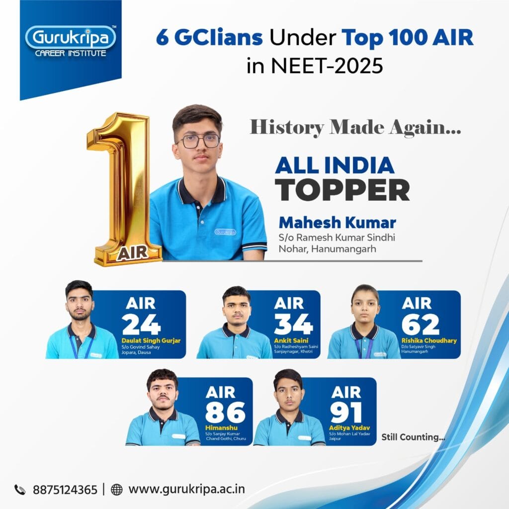 Gurukripa Career Institute Sikar Creates History Again: Mahesh Kumar Secures AIR 1 in NEET 2025 with 686 Marks